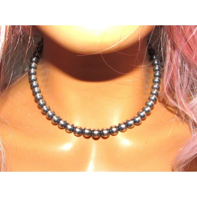 8mm Navajo Pearls Necklace Sterling Silver Choker Necklace 16"L: Stunning 8mm Navajo pearls choker necklace. Measures about 16" long. Gorgeous, elegant & timeless piece that is sure to complement any outfit. Wonderful gift for anyone or yourself! :)