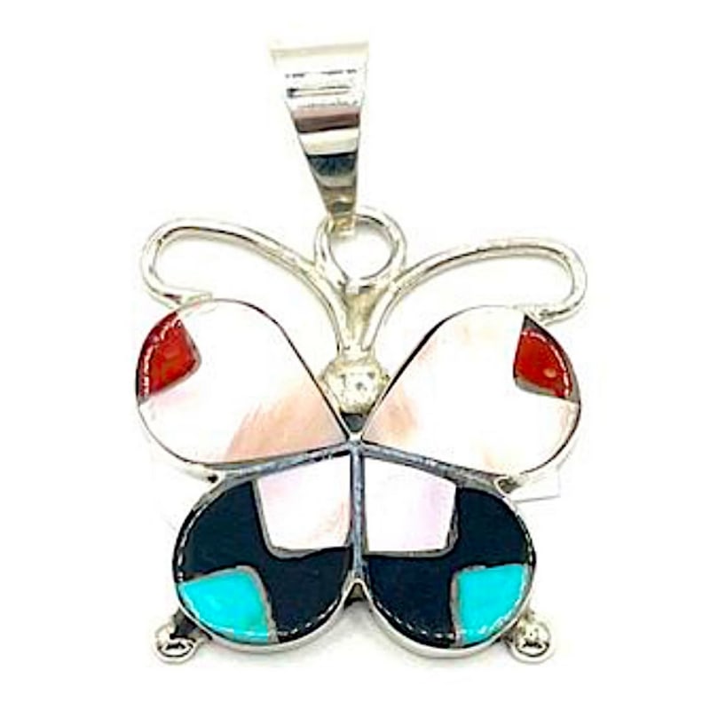 Zuni Inlay Butterfly Pendant Sterling Silver Dishta: Stunning dainty Zuni sterling silver, mother of pearl, turquoise, coral, and jet inlay butterfly pendant by the collectible Zuni artist A. Dishta.Intricately hand etched, multi stone inlay butterfly d