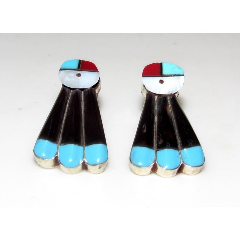 Zuni Inlay Sunface Post Earrings Turquoise Jet Sterling Silver: For your consideration is a pair of these stunning vintage Zuni sterling silver, turquoise, coral, jet, and mother of pearl inlay Sunface post earrings. These fabulous post earrings feature intricatel