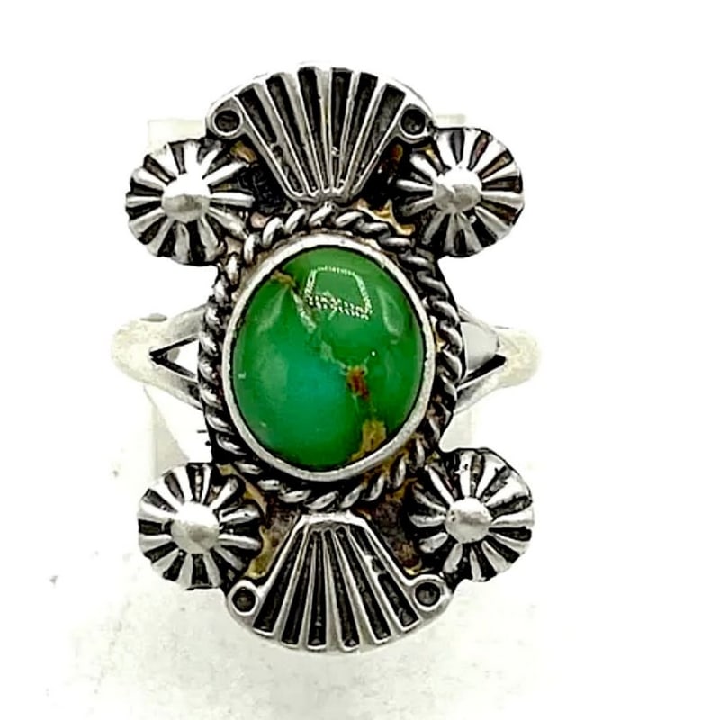 Navajo Royston Turquoise Ring Size 7 Sterling Silver: For your consideration is this fab dainty Navajo sterling silver, and Royston turquoise ring size 7. Size 7, traditional design in sterling silver. Measures about 1" tall on the front. Wonderful examp