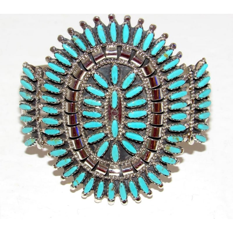 Navajo Turquoise Cluster Cuff Bracelet Sterling Silver Native American Signed: For your consideration is this huge stunning Navajo sterling silver, and Sleeping Beauty mine turquoise cluster statement cuff bracelet. Exceptional craftsmanship and attention to detail. The inside c