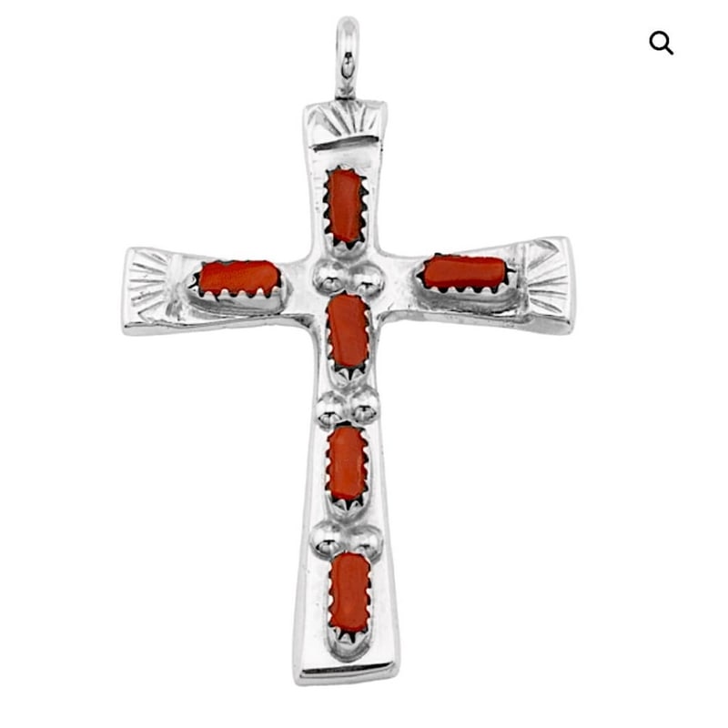 Zuni Coral Cross Pendant Sterling Silver Native American: Stunning Native American Zuni coral sterling silver cross pendant. Wonderful traditional Zuni craftsmanship and attention to detail. Hand etched turquoise cross design. It measures approximately 2? lo