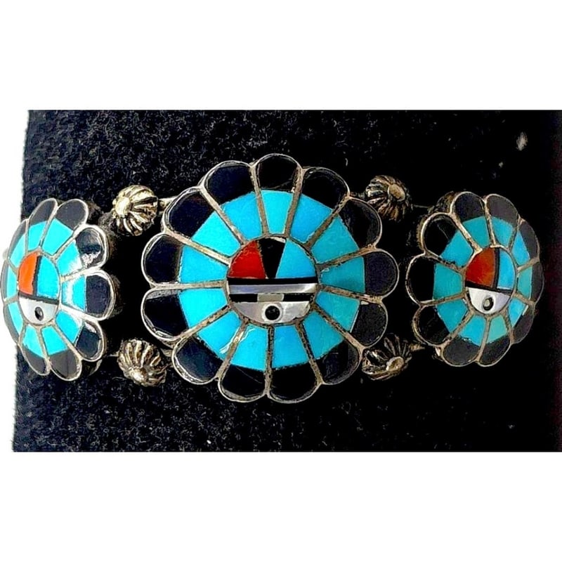 Old Pawn Zuni Sterling Silver Sun FaceTurquoise Inlay Bracelet Signed (1 of 5)