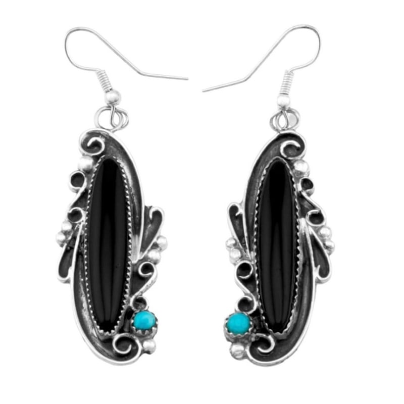 Navajo Onyx Turquoise Dangle Earrings Sterling Silver S. Yazzie: For your consideration is a pair of these fab Navajo sterling silver, onyx, turquoise statement dangle earrings. These wonderful earrings feature a hand etched design in sterling silver, accented with
