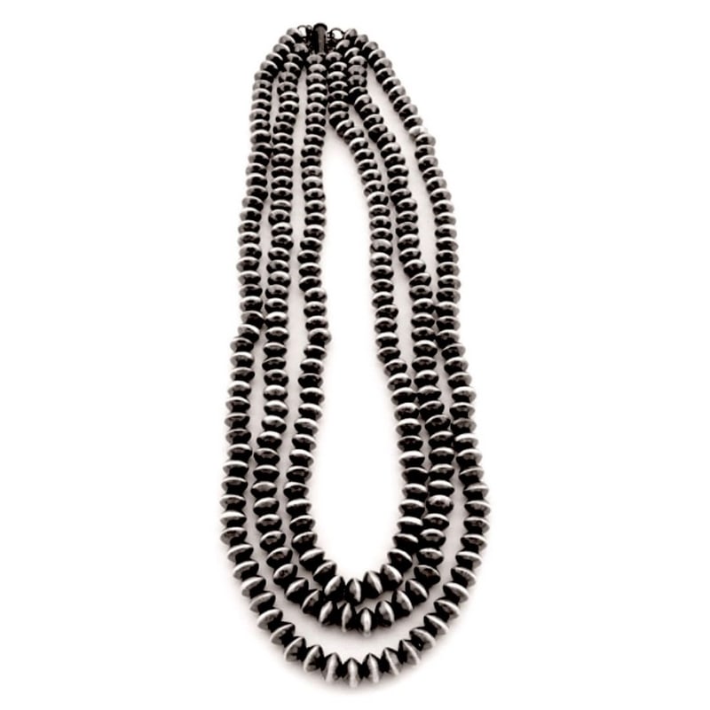 9mm Navajo Pearls Three Strand Necklace Sterling Silver Saucer Beads R Begay: Stunning 9mm sterling silver saucer beads Navajo pearls three strands statement necklace by the Navajo artist Robert Begay. The strands of this stunning satin finished Navajo pearl three stand necklac