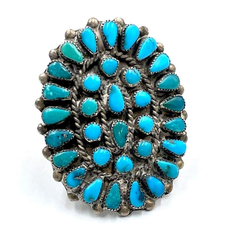 Old Pawn Navajo Turquoise Cluster Ring Sz 7 Sterling Native Vintage (1 of 3)
