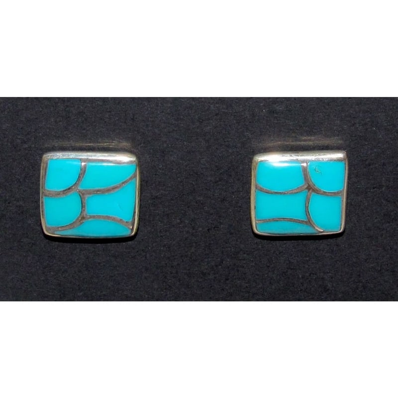 Zuni Turquoise Fish Scale Inlay Post Earrings Sterling Sleeping Beauty Turquoise (1 of 3)