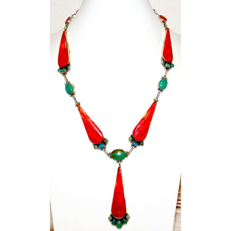 Navajo Turquoise Red Spiny Lariat Necklace Vernon Clarissa Hale: Navajo Turquoise Red Spiny Lariat Necklace by Vernon Clarissa Hale. Introducing this phenomenal colorful Navajo sterling Royston & Kingman mine turquoise and red spiny oyster lariat necklace by the hi