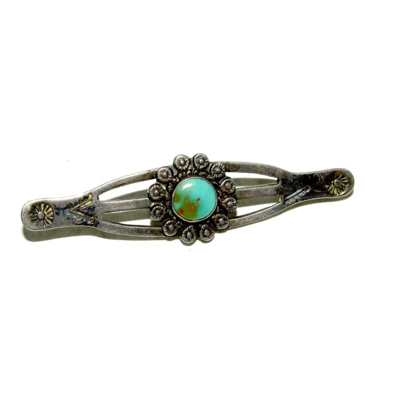 Old Pawn Fred Harvey Turquoise Sterling Silver Brooch Native American (1 of 3)