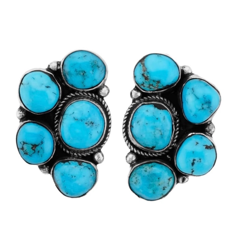 Navajo Kingman Turquoise Half Cluster Post Earrings Sterling Silver J. Yazzie (1 of 2)