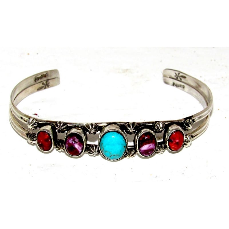 Navajo Cuff Bracelet Turquoise Purple Spiny Red Spiny Sterling Silver Stacker: Navajo Cuff Bracelet Turquoise Purple Spiny Red Spiny Sterling Silver Stacker. Stunning colorful Navajo cuff. The wrist size measures approximately 6 1/2"-7" including the gap, and the cuff is adjusta