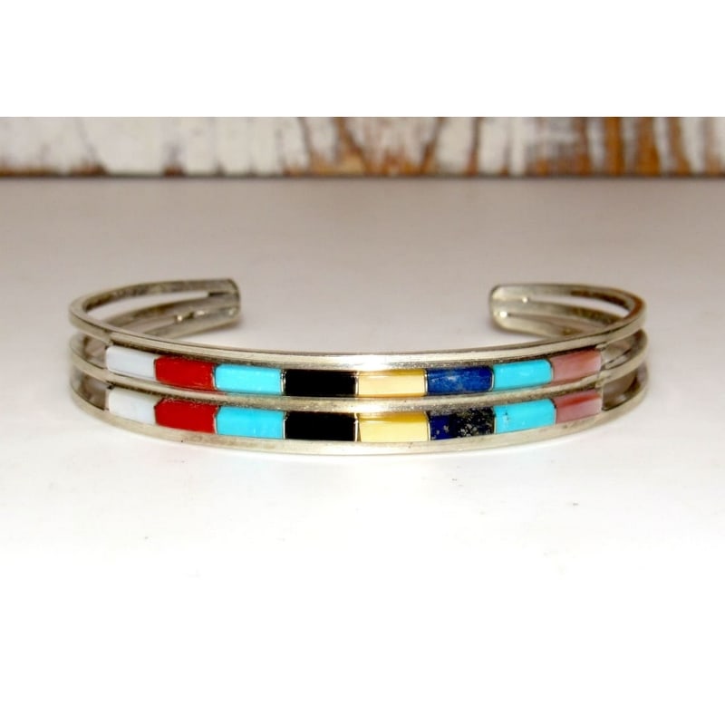 Zuni Turquoise Multi Stone Inlay Stacker Cuff Bracelet Sterling A. Wallace: Fab Native American Zuni sterling silver and Sleeping Beauty mine turquoise inlay cuff bracelet by A. Wallace. Dainty cuff bracelet with a traditional inlay design in sterling silver. Great as a stack
