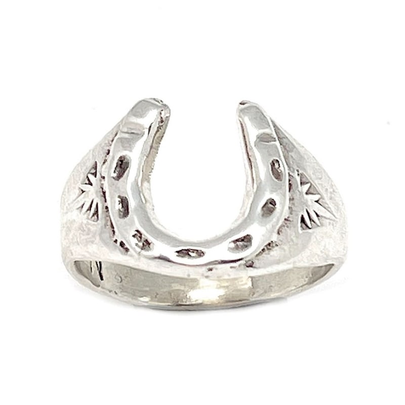 Navajo P. Nelson Horseshoe Men Ring Size 10 Sterling Silver: This wonderful Navajo sterling silver men's ring features a bold horseshoe design accented with traditional hand stamped tribal design, showcasing classic Southwestern craftsmanship and strong symboli