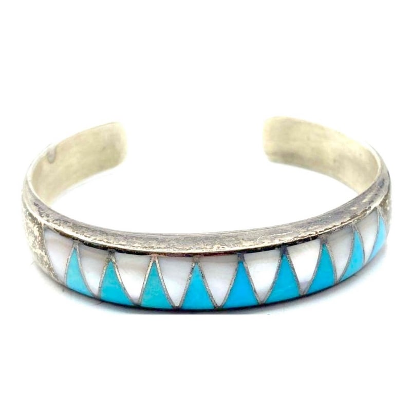 Old Pawn Zuni Inlay Turquoise MOP Cuff Bracelet Sherman and Isabelle Paquin: For your consideration is this exquisite, collectible Zuni sterling silver , mother of pearl and turquoise stone inlay cuff bracelet by the highly collectible Zuni artists Sherman and Isabelle Paquin.