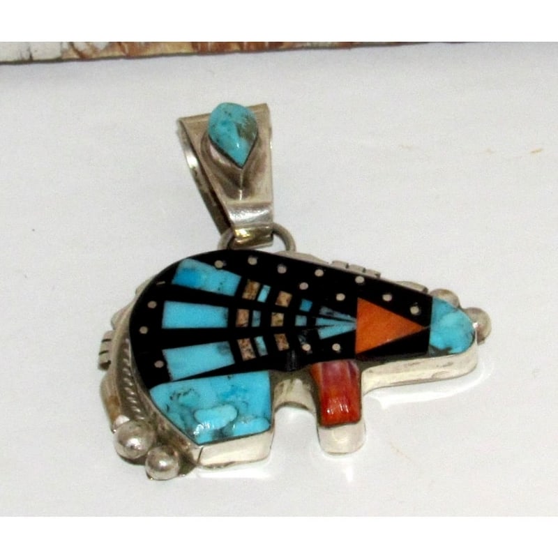 Navajo Ray Jack Bear Pendant Turquoise Spiny Jet Inlay Native American Signed: For your consideration is this fabulous Navajo sterling silver, jet, and turquoise and spiny oyster inlay bear pendant by the highly collectible Navajo artist Ray Jack. This fabulous pendant features 