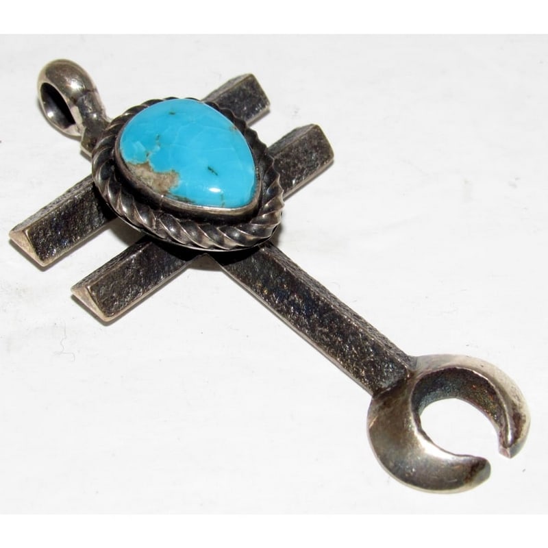 Navajo Tufa Cast Dragonfly Cross Pendant Naja Sleeping Beauty Turquoise Sterling: Stunning Navajo Kevin Yazzie sterling silver & Sleeping Beauty mine turquoise dragonfly cross pendant w/naja. Tufa cast sterling silver, very nice, gem grade Sleeping Beauty turquoise cabochon. Singed
