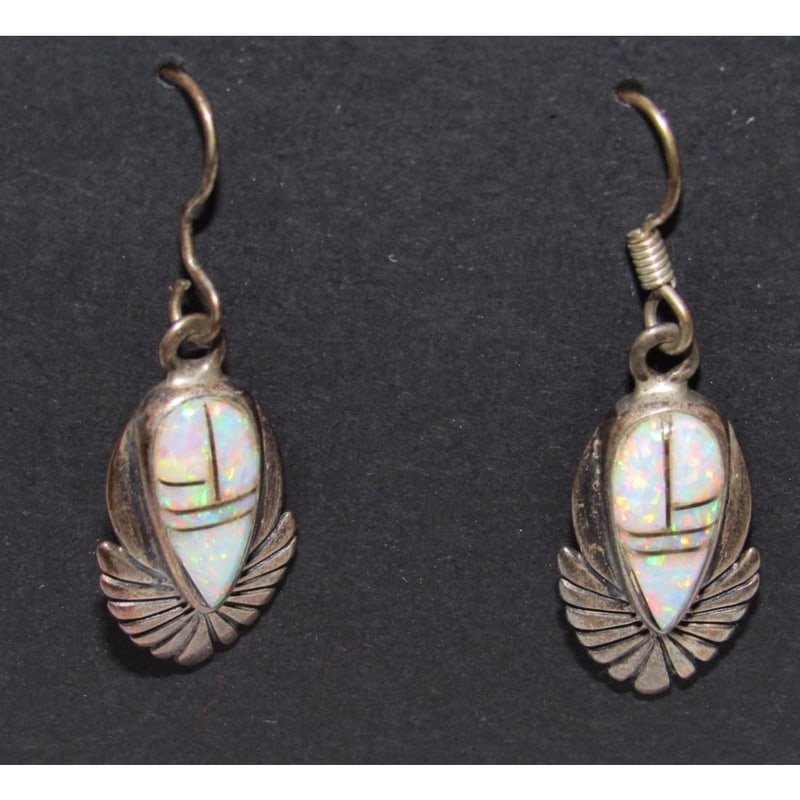 Navajo Opal Inlay Earrings Sterling Silver Vintage: For your consideration is a pair of these stunning vintage Navajo sterling silver inlay dangle earrings with french hooks. The earrings measure about 1 1/4" long. Nice vintage condition, patina, age a