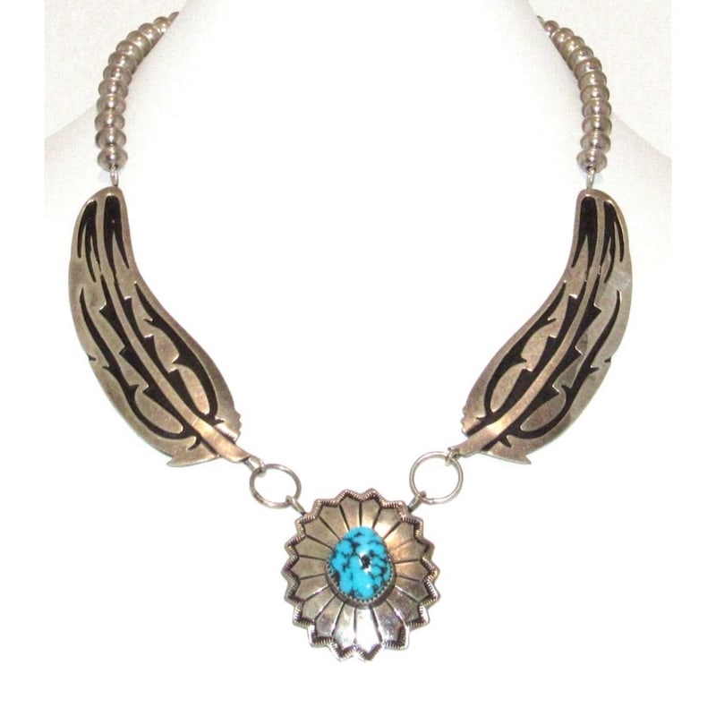Vintage Navajo Sterling Silver Kingman Turquoise Necklace Navajo Pearls M. Begay: This fine vintage Navajo sterling silver necklace by Marco Begay features a striking Kingman turquoise cabochon set in a hand-stamped, scalloped silver pendant surrounded by bold traditional silver fe