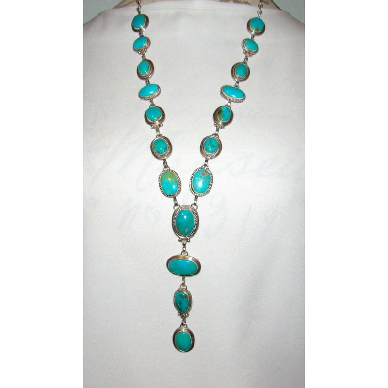Navajo Royston Turquoise Lariat Necklace Sterling Silver K. Pino: For your consideration is this stunning custom Navajo sterling silver and gorgeous blue Royston mine turquoise lariat design statement necklace by the Navajo artist K. Pino. Traditional hand-etched la