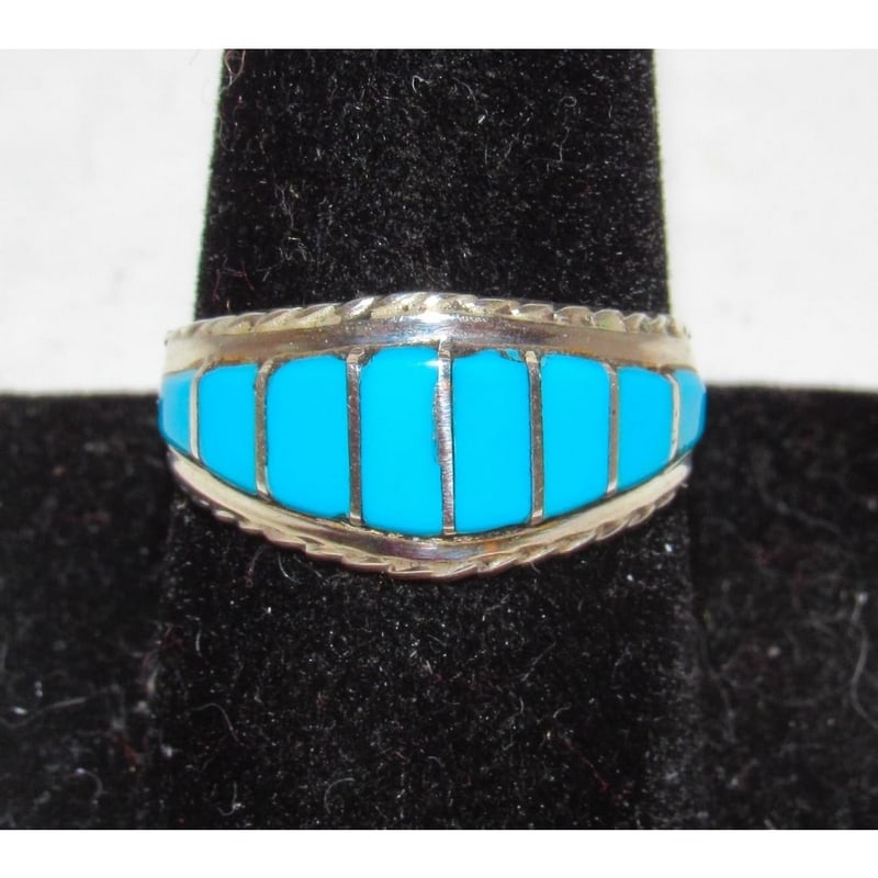Zuni Turquoise Inlay Ring Sz 9 Sterling Silver M. Peynesta Native American: For your consideration is this traditional Native American Zuni sterling silver and turquoise inlay ring in size 9.This sterling silver ladies ring is inlaid at the top with 8 sections of turquoise wi