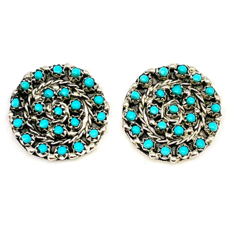 VTG Zuni Snake Eye Turquoise Cluster Earrings Sterling Silver Native American: Wonderful vintage Native American Zuni sterling silver & snake eye turquoise cluster post earrings. Measure a little under 1" in diameter. Marked sterling, signed by the artist. Wonderful, classic vin