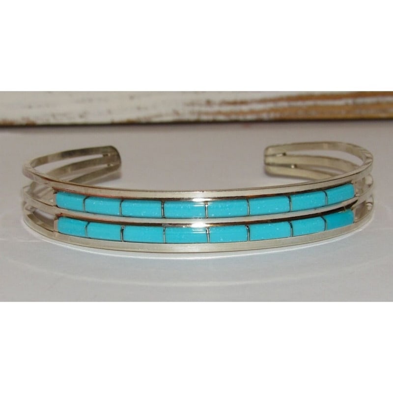 Zuni Turquoise Inlay Stacker Cuff Bracelet Sterling A. Wallace: Fab Native American Zuni sterling silver and Sleeping Beauty mine turquoise inlay cuff bracelet by A. Wallace. Dainty cuff bracelet with a traditional inlay design in sterling silver. Great as a stack