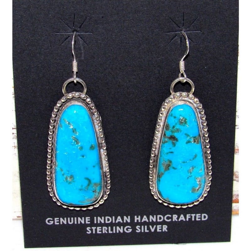 Navajo Kingman Turquoise Dangle Earrings Sterling Silver L Hurley: Exceptional Navajo sterling silver and gem grade Kingman turquoise statement dangle earrings with a French hook by the Navajo artist Leon Hurley. The earrings measure about 2" long including the hooks