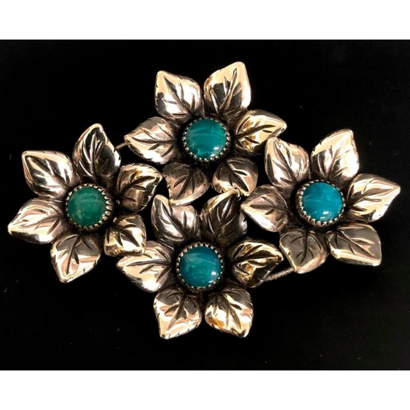 Rare Bell Trading Post Sterling Silver Turquoise Flower Brooch (1 of 3)
