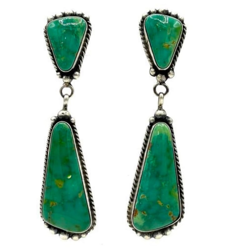 Navajo Royston Turquoise Dangle Earrings 3"L Sterling Silver E. Kee: Navajo Royston Turquoise Dangle Earrings 3"L Sterling Silver E. Kee. Phenomenal, one of a kind Navajo sterling silver and high grade Royston turquoise statement dangle earrings by the Navajo artist E.