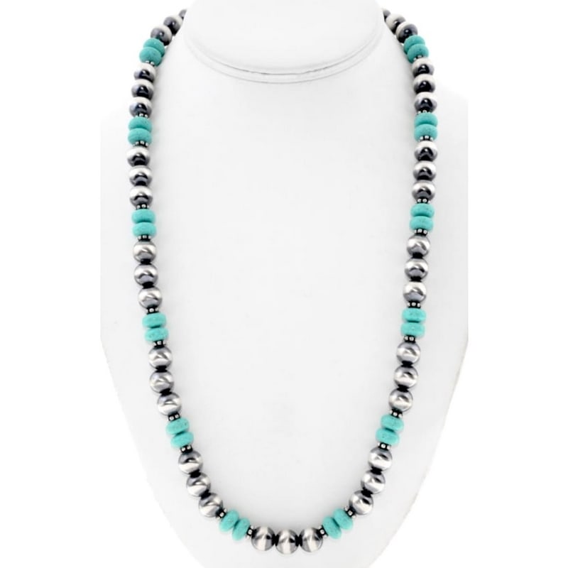 Navajo Pearls Necklace Sterling Silver Turquoise Beads Accents 25"L: Stunning Native American sterling silver & turquoise beads Navajo pearls necklace by the Navajo artist L. Begaye. Hand-strung on a sturdy foxtail chain. 10mm sterling beads. The necklace measures 25" 