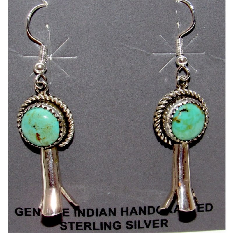 Navajo Squash Blossom Earrings Sterling Silver Turquoise Native American: Navajo Squash Blossom Earrings Sterling Silver Turquoise Native American. Wonderful classic Navajo sterling silver and Royston turquoise dangle squash blossom earrings. Sterling silver, Royston mine t
