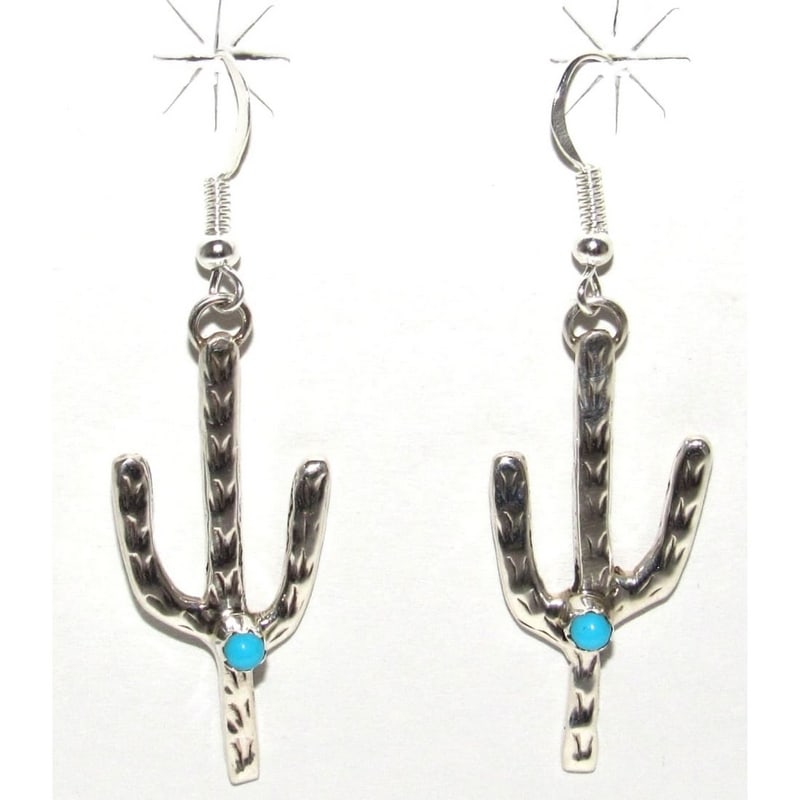 Navajo Sterling Turquoise Cactus Earrings Native American Signed: Navajo Sterling Turquoise Cactus Earrings Native American Signed. For your consideration is a pair of these fab Native American Navajo sterling silver cactus earrings with Sleeping Beauty snake eye tu