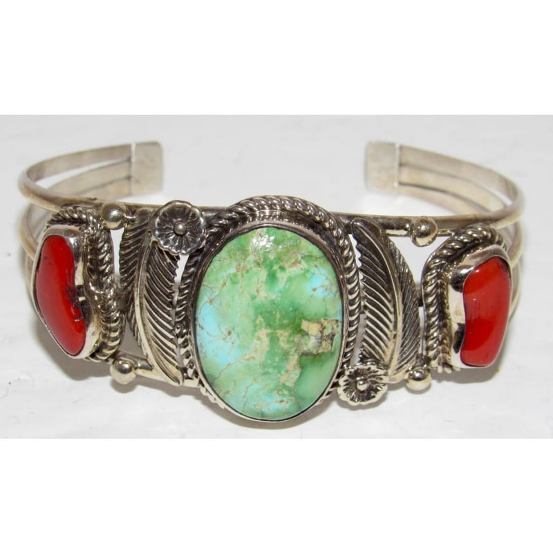 Navajo Royston Turquoise Coral Cuff Bracelet Sterling Silver J Begay (1 of 6)