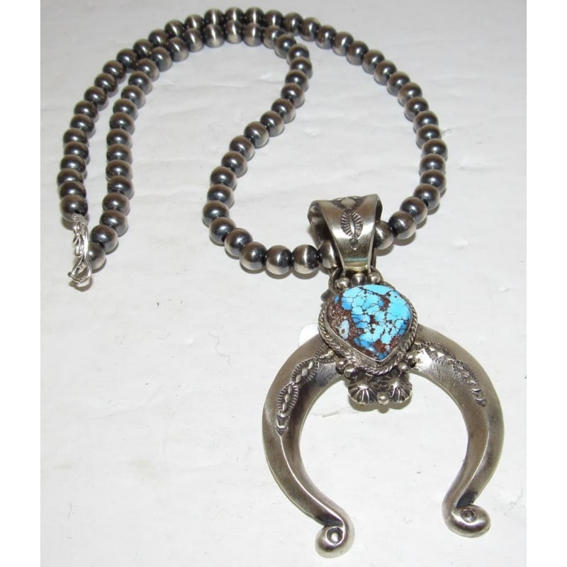 Navajo Golden Hills Turquoise Naja Necklace Squash Blossom Sterling Signed: Navajo Golden Hills Turquoise Naja Necklace Squash Blossom Sterling Signed. This fine Navajo Golden Hills Turquoise Naja Necklace Squash Blossom Sterling Silver by the collectible Navajo artist S.