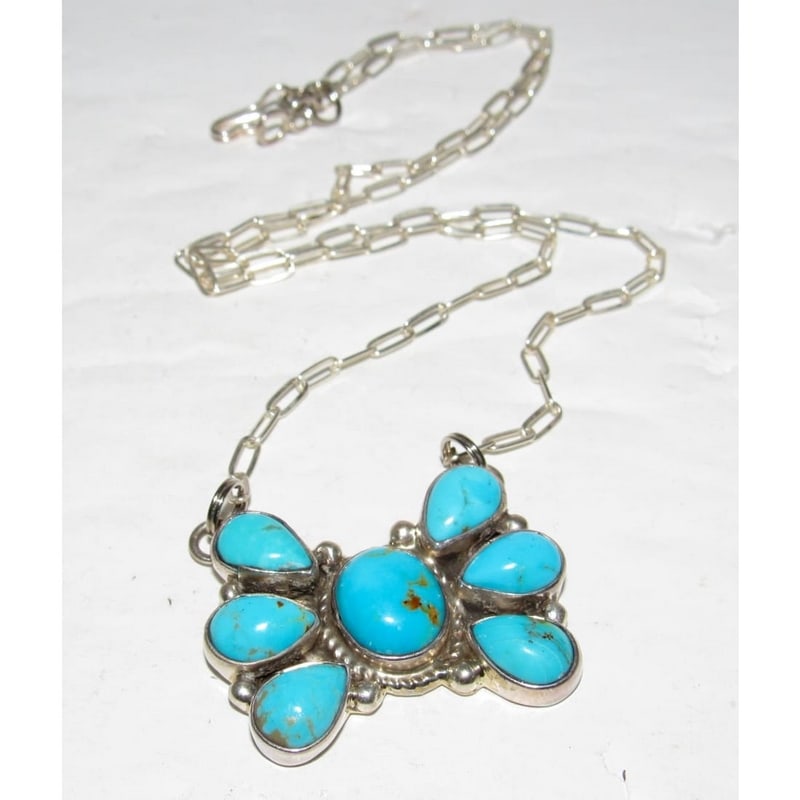 Navajo Turquoise Cluster Bar Pendant Necklace Sterling M James: Navajo Turquoise Cluster Bar Pendant Necklace Sterling M James. For your consideration is this stunning Navajo sterling silver and phenomenal Blue Gem turquoise cluster bar necklace by the Navajo