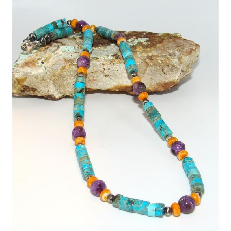 Navajo Rolled Shell Orange Spiny, Amethyst & Turquoise Heishi Choker ...