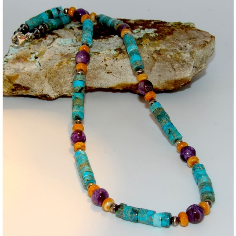 Navajo Rolled Shell Orange Spiny, Amethyst & Turquoise Heishi Choker ...