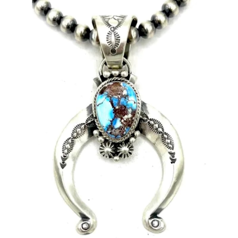 Navajo Golden Hills Turquoise Naja Necklace Squash Blossom Sterling Signed: Navajo Golden Hills Turquoise Naja Necklace Squash Blossom Sterling Signed. This fine Navajo Golden Hills Turquoise Naja Necklace Squash Blossom Sterling Silver by the collectible Navajo artist S. Yel