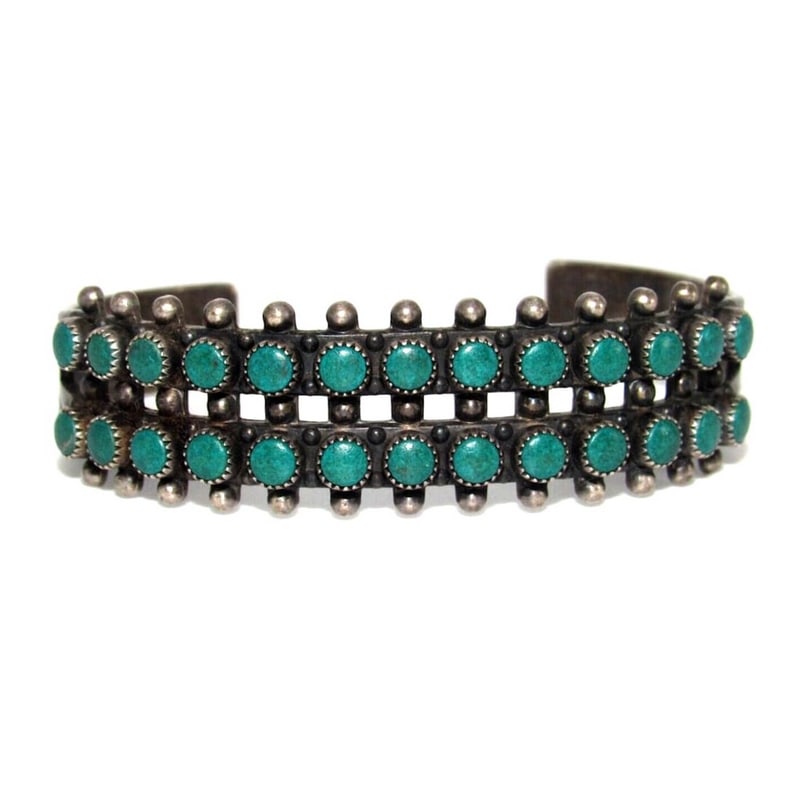 Old Pawn Zuni Snake Eye Turquoise Double Row Cuff Bracelet Sterling Silver (1 of 7)