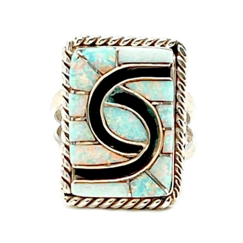 Zuni Opal Inlay Ring Size 8 Sterling Silver Amy Quandelacy Native American: For your consideration is this stunning Zuni sterling silver and shimmery opal statement ring by the highly collectible and award winning Zuni artist Amy Quandelacy. The ring features shimmery opal in
