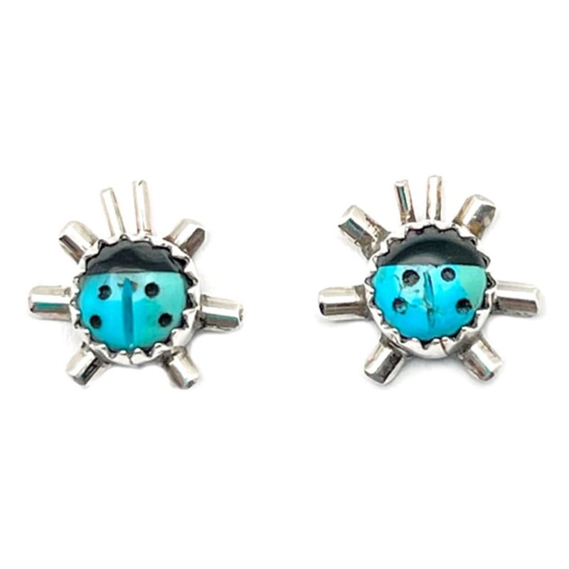 Navajo Lady Bug Inlay Post Earrings Turquoise Jet A. McCabe: For your consideration is this stunning set of Native American Navajo sterling silver, turquoise, jet adorable ladybug stud/post earrings by the Navajo artist A. McCabe.This fabulous earrings feature 
