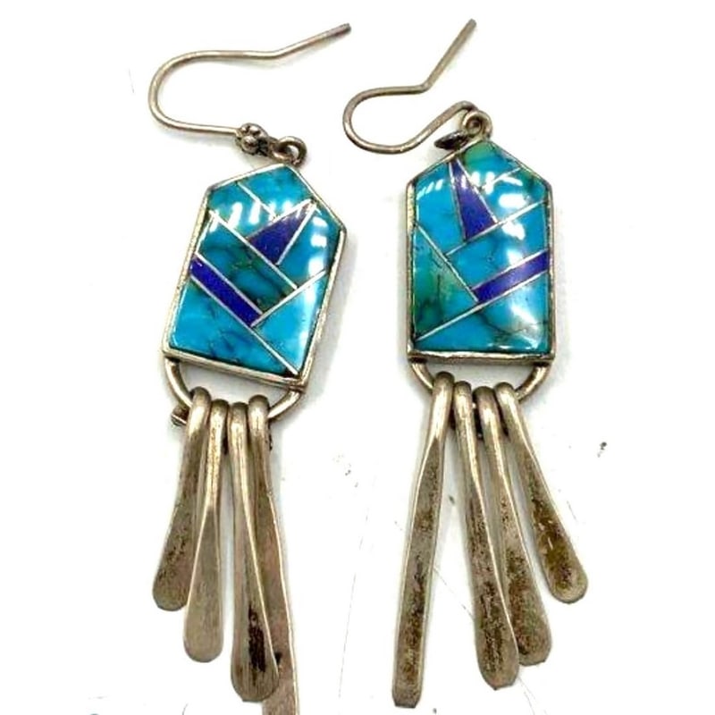 Navajo Turquoise Inlay Dangle Earrings Lapis Malachite Sterling Silver Vintage I. Kee (1 of 4)