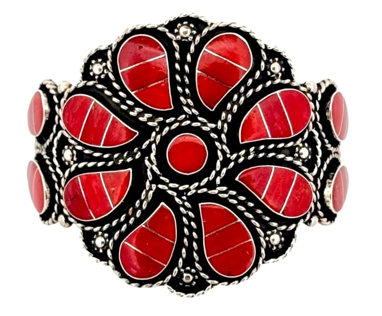 Vintage Zuni Mediterranean Coral Cluster Cuff Bracelet Sterling Silver (1 of 5)