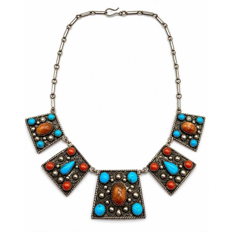 Vintage Mid-Century Mexican Silver Southwestern Revival Statement Necklace (1 of 6)