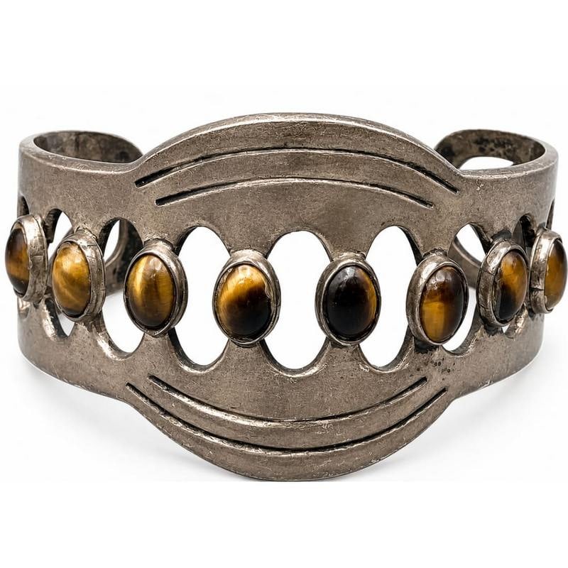 Mexican Taxco MOD Sterling Tiger Eye Collar Necklace & Bangle Bracelet Set (1 of 6)