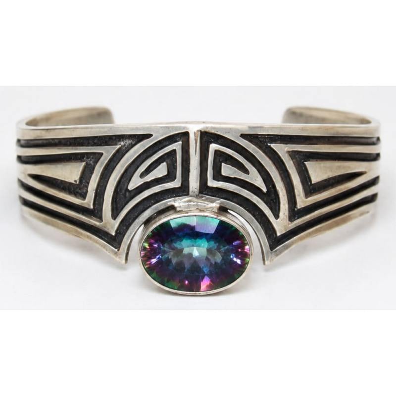 Navajo Sterling Silver Mystic Topaz Native American Cuff Bracelet C. Johnson (1 of 8)