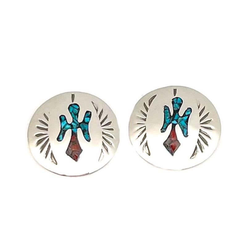 Navajo Earrings Peyote Bird Design Turquoise Coral Inlay J.Yazzie: Elevate your style with Joleen Yazzie's Navajo Turquoise Coral Inlay Peyote Bird Stud Earrings. Crafted in sterling silver, these round earrings showcase exquisite chip tribal inlay design, blending t