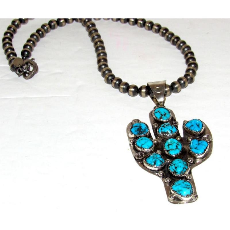 Navajo Kingman Turquoise Cactus Pendant Sterling Navajo Pearls (1 of 5)