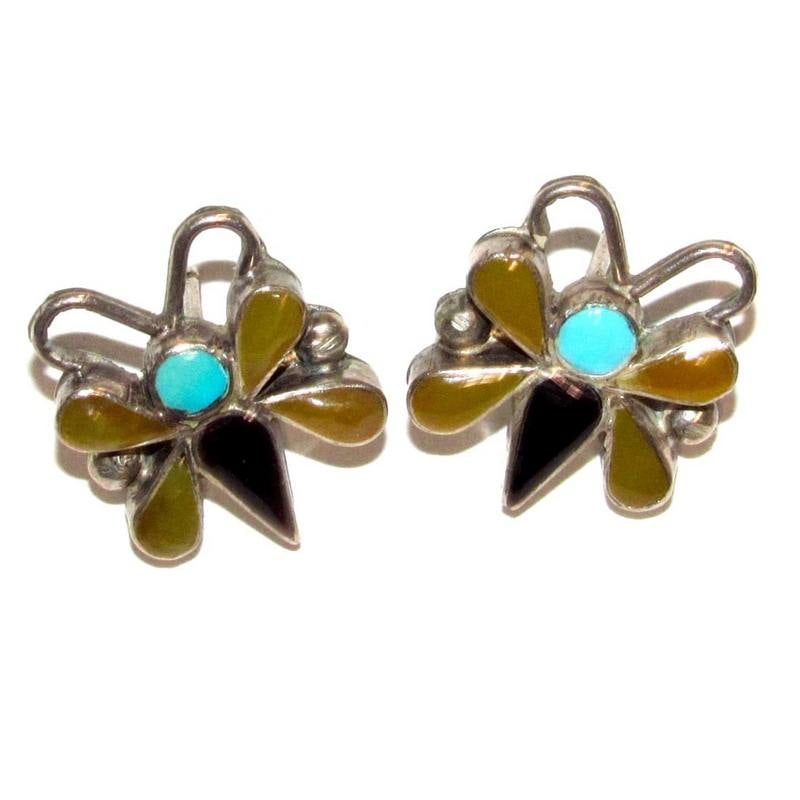 Vintage Zuni Inlay Butterfly Post Earrings Sterling Silver Native American (1 of 4)