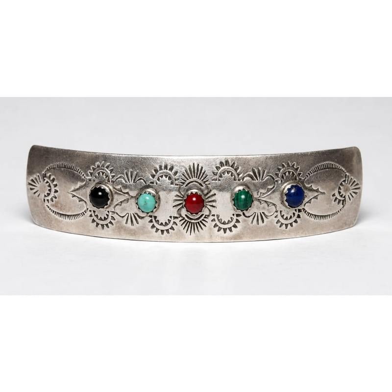 San Ildelfonso Sterling Hair Barrette Gemstones Native American G. Trujillo (1 of 4)